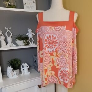 JM Collection Women's Blouse in Pink and Orange Cut out Shoulders